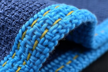 Aufkleber - Close-up of vibrant blue textile with contrasting yellow stitching detail viewed at a design studio