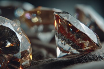Aufkleber - Sparkling diamonds displayed on a dark fabric background highlighting their brilliance and unique shapes