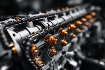 Fototapete - Close-up view of automotive engine components showcasing precision parts and engineering details in a workshop setting