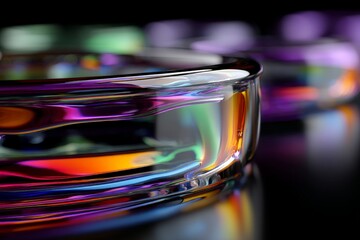 Poster - Colorful glass bowls reflecting light in a dark setting during a creative design project