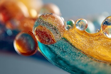 Aufkleber - Colorful bubbles and spheres float in a fluid mixture showcasing vibrant hues and intricate details of texture in a close-up view
