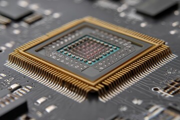 Aufkleber - Close-up view of a computer chip on a circuit board exhibiting intricate details and advanced technology components