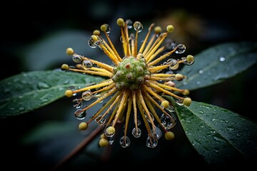 Poster - Close-up of a blooming flower with raindrops on delicate petals in a lush green setting at dusk