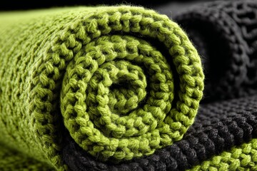 Poster - Vibrant green and black woven textile rolls on a table showcasing craftsmanship and design