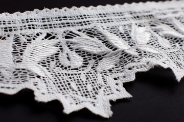 Poster - Delicate white lace trim with floral patterns displayed on a dark background in a close-up view during daylight