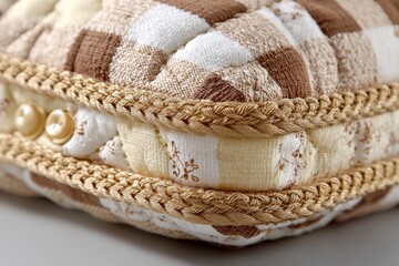 Poster - Decorative patchwork cushion featuring textured fabrics and elegant trim in warm neutral tones