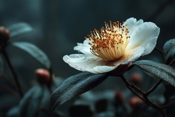 Poster - Delicate white flower blooms among dark green leaves in a misty forest setting during the early morning hours