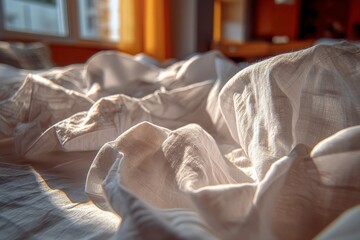 Aufkleber - Soft linen sheets illuminated by morning light in a serene bedroom environment