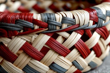 Poster - Handwoven basket showcasing intricate patterns in natural fibers crafted with red, beige, and gray materials indoors