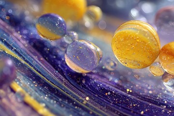 Poster - Colorful bubbles float in a shimmering abstract swirl of purple and gold capturing the essence of fluid art