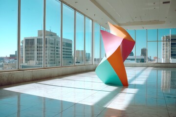 Aufkleber - Colorful abstract sculpture stands in bright urban gallery with sunlight streaming through large windows