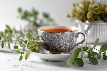 Poster - Elegant tea cup surrounded by green foliage on a bright, serene table setting in a cozy indoor space