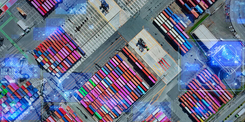 Aufkleber - Container yard and digital technology concept. Logistics Tech. Wide angle visual for banners or advertisements.