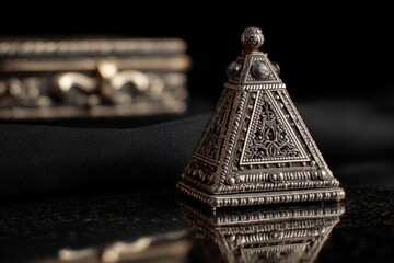 Aufkleber - Intricate silver pyramid box on dark surface with detailed craftsmanship and reflections showcasing artistry