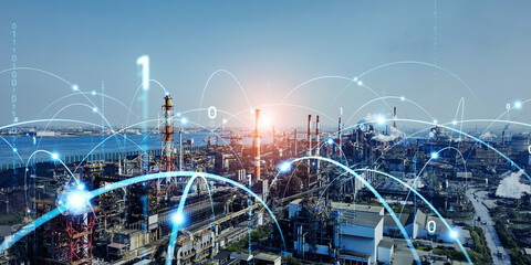 Poster - Industrial area and digital network concept. Wide angle visual for banners or advertisements.