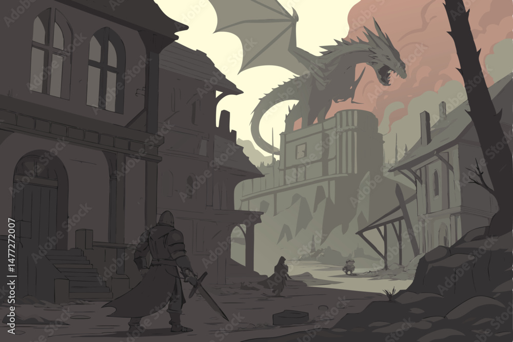 149 highly detailed dark fantasy epic fantasy city landscape, dragon ...