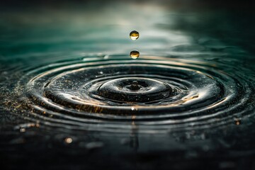 Poster - Water droplet creates ripples in a calm pond during the early morning hours