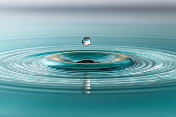 Fototapete - Water droplet creates ripples in calm turquoise water during morning light