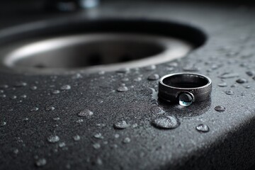 Aufkleber - Ring resting on wet surface near sink highlighting drops of water and reflections in natural light