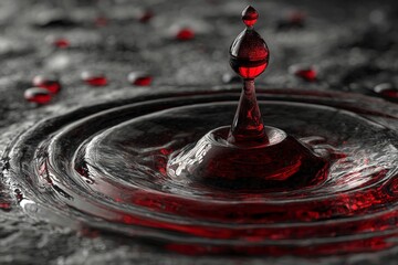 Aufkleber - Intricate red water drop creates captivating ripples on dark surface, showcasing the beauty of fluid dynamics