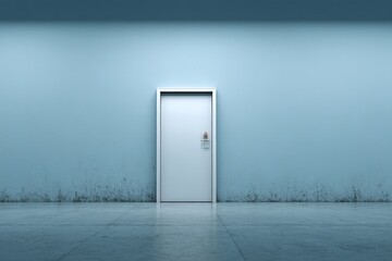 Aufkleber - Simple white door against a blue wall in a minimalistic indoor space with polished concrete floor
