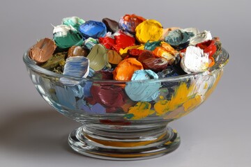 Poster - Colorful artist paint palette displayed in a clear bowl on a neutral background showcasing vibrant hues