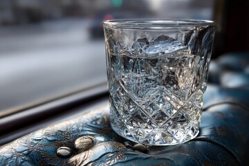 Poster - Cool glass of water with ice cubes resting on a decorative surface by a window during the daytime