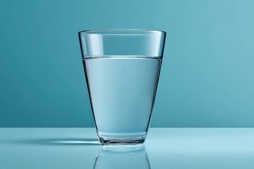 Leinwandbilder - Clear glass filled with water against a soft blue background illuminated with natural light