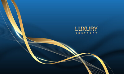 Wall Mural - abstract gold black ribbon curve overlap on blue design modern luxury background vector