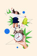 © deagreez - Composite image montage trend artwork 3D collage of hand hold clock time hurry fast autumn season young school age girl jump study uniform