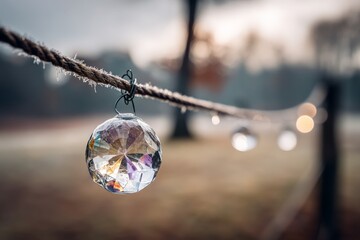 Poster - Decorative crystal spheres hang from a rope against a misty morning landscape in a serene outdoor setting