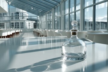 Leinwandbilder - Elegant glass decanter sets a charming atmosphere in a bright, modern dining space with expansive windows