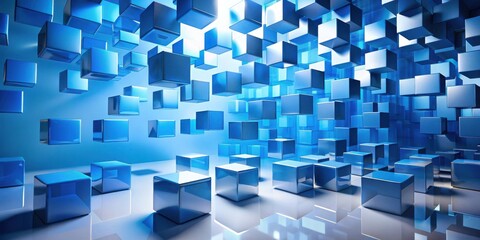 Poster - Abstract Blue Cubes in a Modern Setting, Reflecting Light and Creating a Dynamic Composition