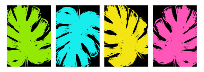 Poster - Color brush stroke monstera leaf. Set of Summertime backgrounds with tropical leaves for Summer season creative graphic design. Vector illustration.