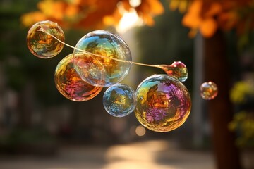 Poster - Colorful soap bubbles floating in a sunlit garden during the autumn season