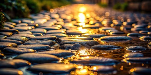 Fototapete - Golden Hour on a Wet Cobblestone Path  A Close-Up View of Sparkling Water Reflecting Sunlight