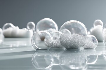 Poster - Bubbles and spheres create an abstract composition on a reflective surface in a minimalistic setting