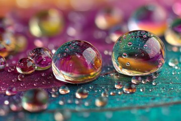 Poster - Colorful water droplets on a vibrant surface create an intriguing visual effect in a natural setting