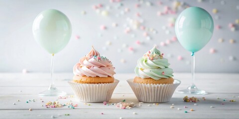Aufkleber - Delightful pastel cupcakes adorned with colorful sprinkles, nestled beside elegant pastel balloons, create a festive and charming celebratory scene.