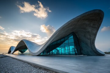 Aufkleber - Modern architectural building with wave design against a sunset sky in Azerbaijan at twilight