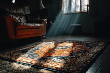 Aufkleber - Sunlight casts warm shadows on a vintage rug in a cozy living room setting at midday
