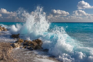 Aufkleber - Waves crashing on rocky shore against blue sky and fluffy clouds during midday at a tropical beach