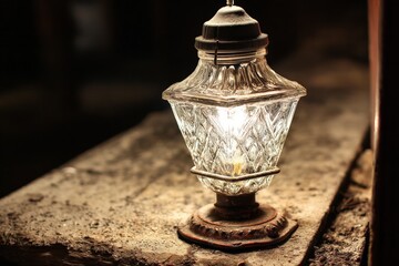 Poster - Beautiful antique lantern illuminating a rustic wooden table at night