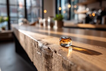 Aufkleber - Sparkling glass object rests on wooden counter in a sunlit modern cafe setting