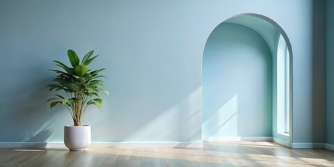 Leinwandbilder - Serene Interior Design Featuring a Potted Plant in a Light Blue Room with an Archway