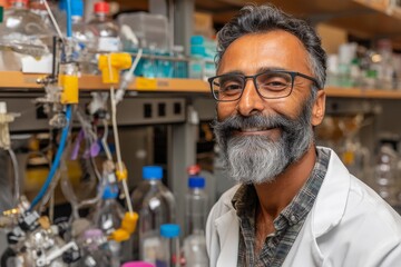 Fototapete - Experienced scientist in a laboratory smiling while conducting important experiments at a research facility