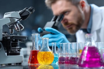 Leinwandbilder - Scientist conducts experiments with colorful liquids in laboratory using microscope for research and analysis