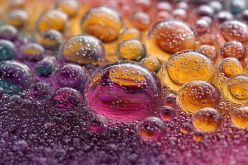 Poster - Brightly colored bubbles suspended in liquid create a vibrant abstract background in close-up view
