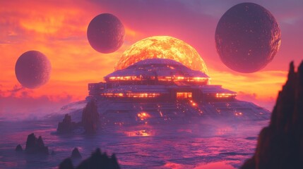 Wall Mural - alien floating city sunset landscape