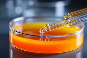 Aufkleber - Colored liquid in petri dish with pipette, showcasing laboratory experimentation and research in a scientific environment